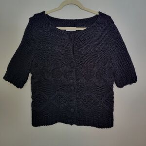 Soft Surroundings Wool Blend Cable Knit Snap Cardigan Short Sleeve Sweater L